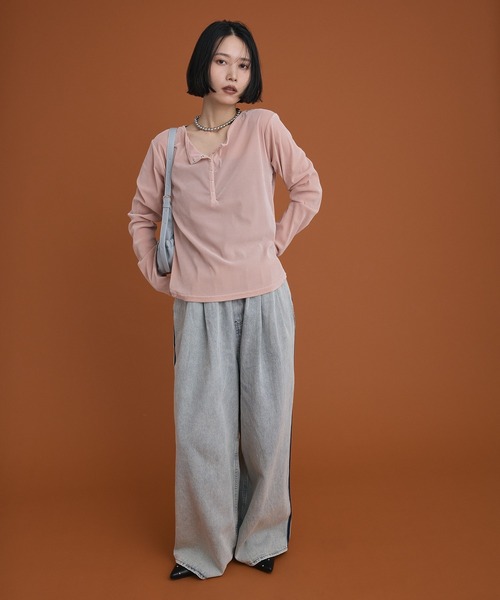 Green Parks(グリーンパークス)の「ヘンリーネックシアーベロアプルオーバー(Tシャツ/カットソー・レディース・アイボリー/ピンク/ブラック/ブラウン・FREE)」の6枚目の写真