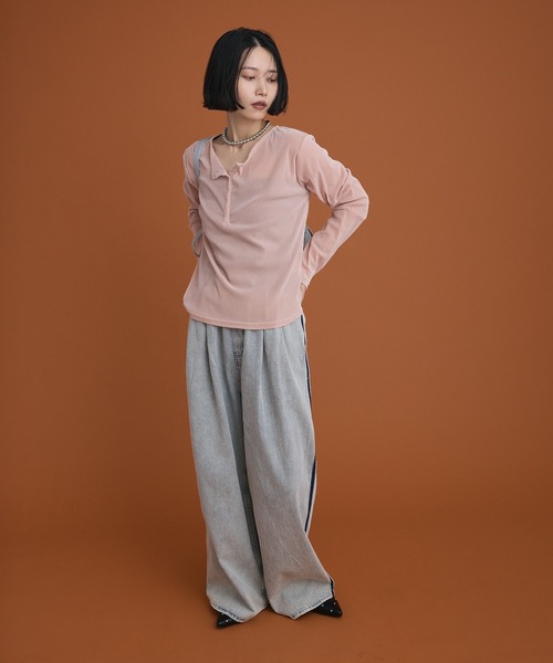 Green Parks(グリーンパークス)の「ヘンリーネックシアーベロアプルオーバー(Tシャツ/カットソー・レディース・アイボリー/ピンク/ブラック/ブラウン・FREE)」の7枚目の写真