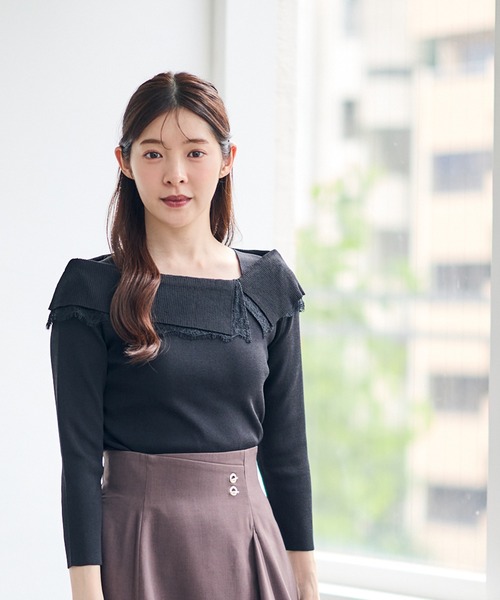 12Twelve Agenda（トゥエルブ　アジェンダ）の「レースレイヤードアシメオフショル風７分袖ニットプルオーバー（ニット/セーター・レディース・ブラック/チャコールグレー/ブラウン・M）」の8枚目の写真