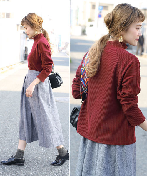 select MOCA（セレクトモカ）の「【カラバリ4色】テレコリブハイネックドロップショルダーボックスシルエット長袖トップス（ニット/セーター・レディース・ボルドー/ブラック/カーキ/グレー・FREE）」の16枚目の写真