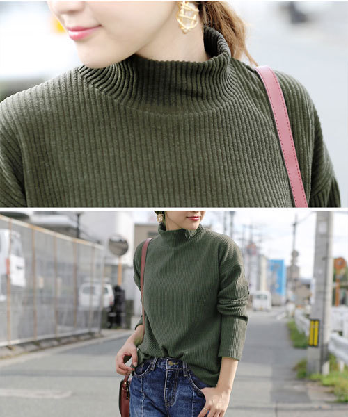 select MOCA（セレクトモカ）の「【カラバリ4色】テレコリブハイネックドロップショルダーボックスシルエット長袖トップス（ニット/セーター・レディース・ボルドー/ブラック/カーキ/グレー・FREE）」の14枚目の写真