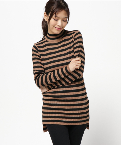 Pierrot（ピエロ）の「裾スリット入り ハイネック リブニット チュニック（ニット/セーター・レディース・ブラック×グレー/チャコール/ネイビー/ブルー系その他/グレー系その他/ブラウン系その他/グリーン/ブラック/ホワイト×グリーン/ブラック×ホワイト/ブラウン/グレー/オフホワイト・L/M）」の10枚目の写真