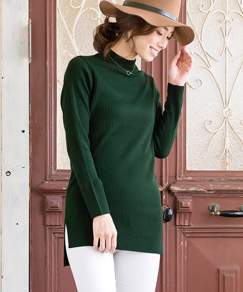 Pierrot（ピエロ）の「裾スリット入り ハイネック リブニット チュニック（ニット/セーター・レディース・ブラック×グレー/チャコール/ネイビー/ブルー系その他/グレー系その他/ブラウン系その他/グリーン/ブラック/ホワイト×グリーン/ブラック×ホワイト/ブラウン/グレー/オフホワイト・L/M）」の11枚目の写真