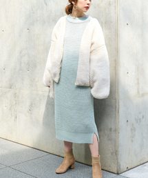 ワッフル編み袖ケーブルニットワンピース