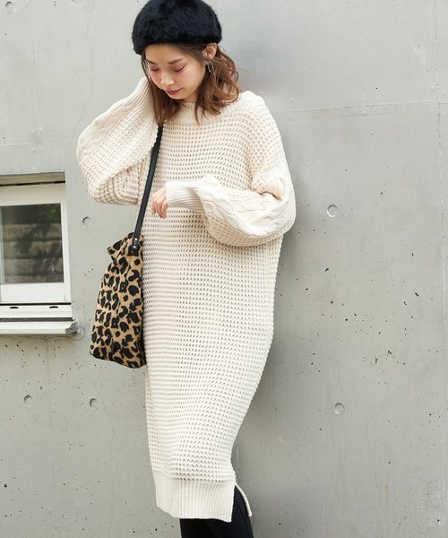 セール】ワッフル編み袖ケーブルニットワンピース（ワンピース