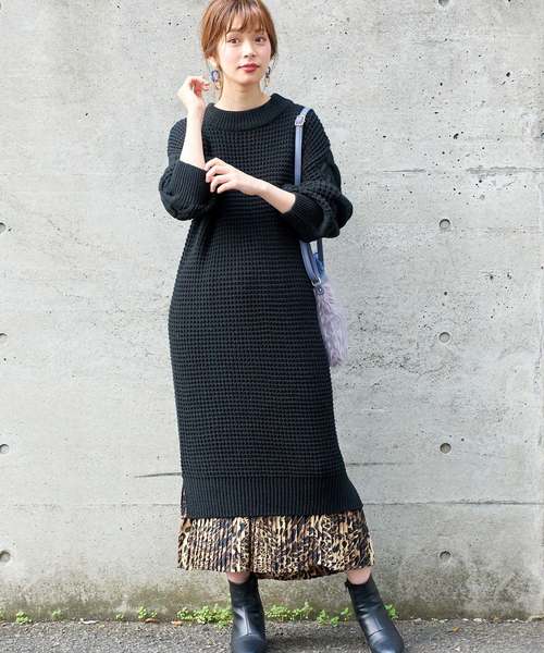 セール】ワッフル編み袖ケーブルニットワンピース（ワンピース