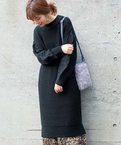 セール】ワッフル編み袖ケーブルニットワンピース（ワンピース
