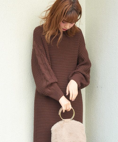 セール】ワッフル編み袖ケーブルニットワンピース（ワンピース