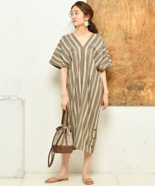 DouDou（ドゥドゥ）の「ストライプリネンワンピース（ワンピース・レディース・ブラウン/オフホワイト/オレンジ・FREE）」の2枚目の写真