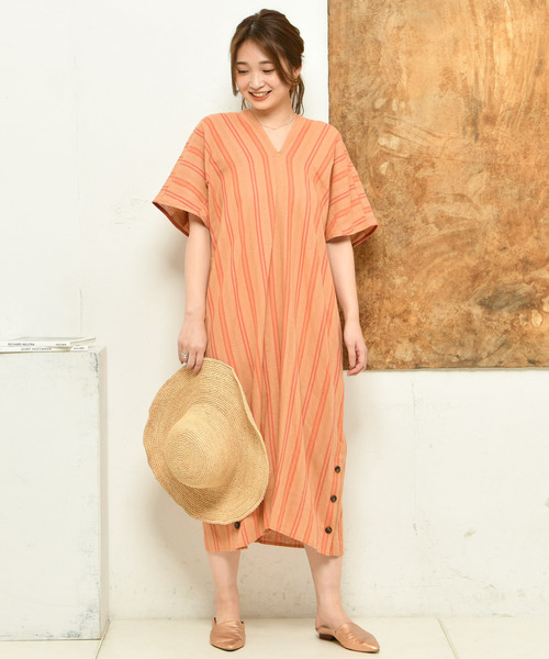 DouDou（ドゥドゥ）の「ストライプリネンワンピース（ワンピース・レディース・ブラウン/オフホワイト/オレンジ・FREE）」の3枚目の写真