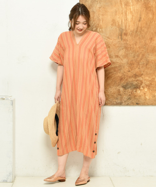 DouDou（ドゥドゥ）の「ストライプリネンワンピース（ワンピース・レディース・ブラウン/オフホワイト/オレンジ・FREE）」の10枚目の写真