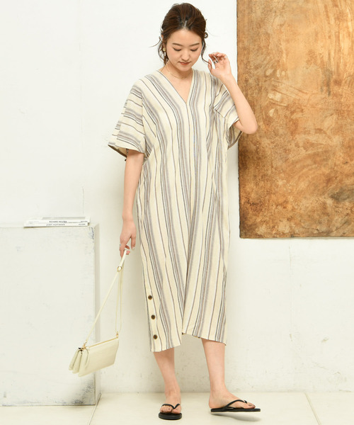 DouDou（ドゥドゥ）の「ストライプリネンワンピース（ワンピース・レディース・ブラウン/オフホワイト/オレンジ・FREE）」の7枚目の写真