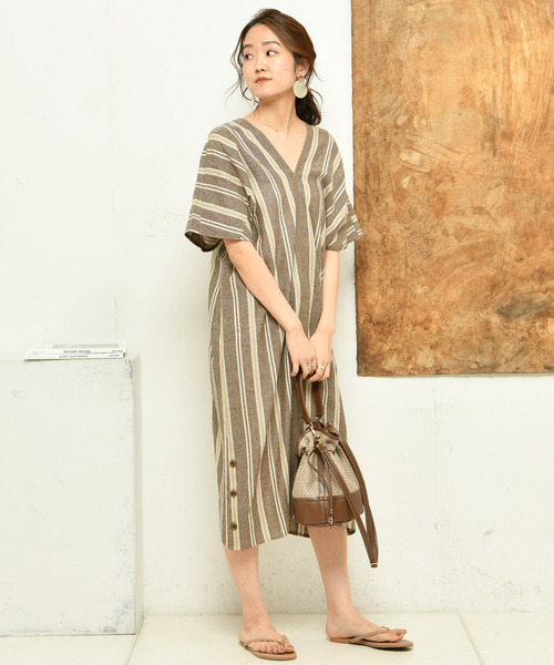 DouDou（ドゥドゥ）の「ストライプリネンワンピース（ワンピース・レディース・ブラウン/オフホワイト/オレンジ・FREE）」の8枚目の写真