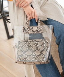 Edit Sheen | パイソン柄ポーチ付きクリアバッグ(ハンドバッグ)