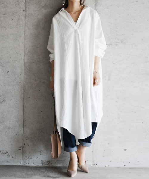 スキッパー&ベーシック長袖ロングシャツワンピース