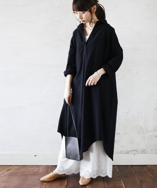 スキッパー&ベーシック長袖ロングシャツワンピース