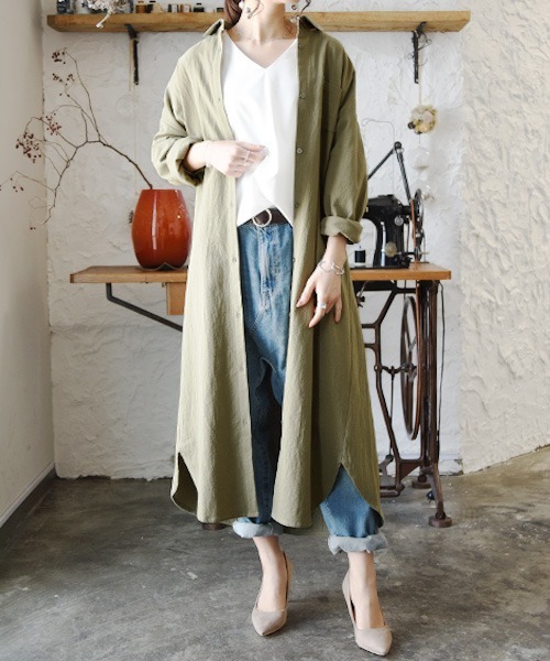 スキッパー&ベーシック長袖ロングシャツワンピース
