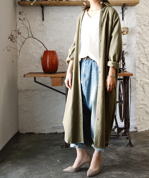 スキッパー&ベーシック長袖ロングシャツワンピース
