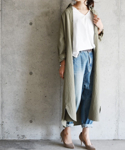 スキッパー&ベーシック長袖ロングシャツワンピース