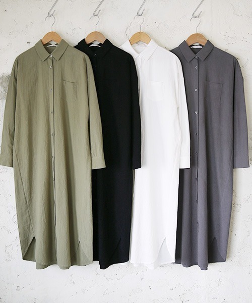 スキッパー&ベーシック長袖ロングシャツワンピース