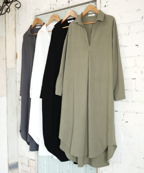 スキッパー&ベーシック長袖ロングシャツワンピース