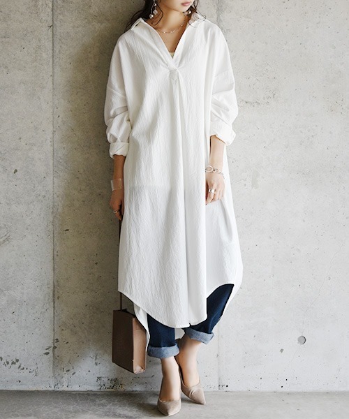 スキッパー&ベーシック長袖ロングシャツワンピース