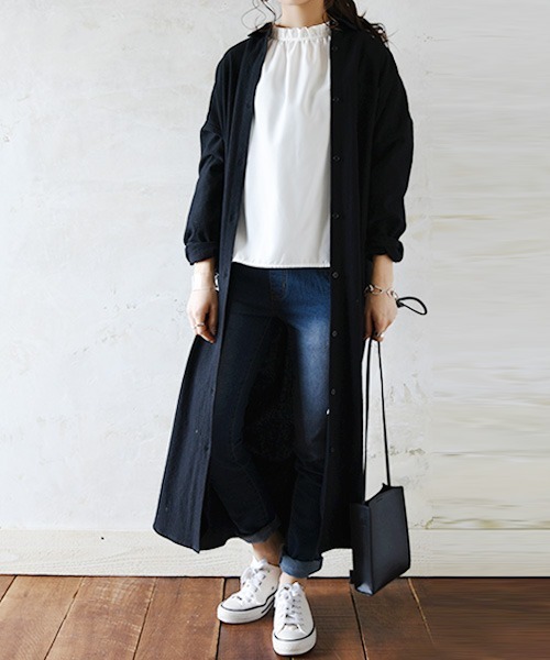 スキッパー&ベーシック長袖ロングシャツワンピース