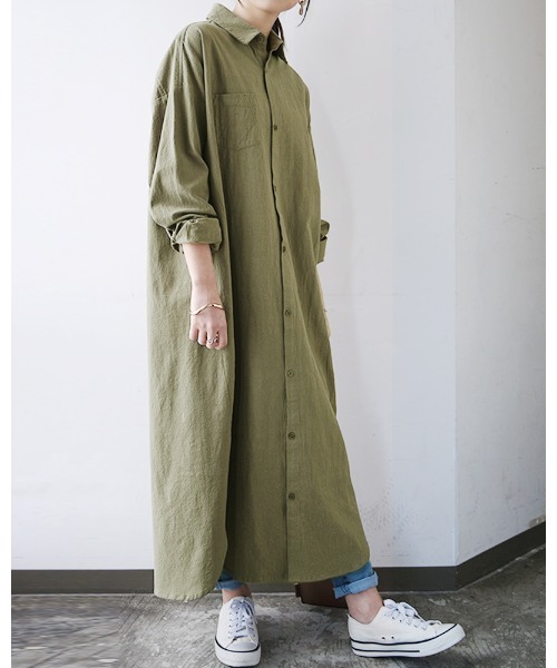 スキッパー&ベーシック長袖ロングシャツワンピース