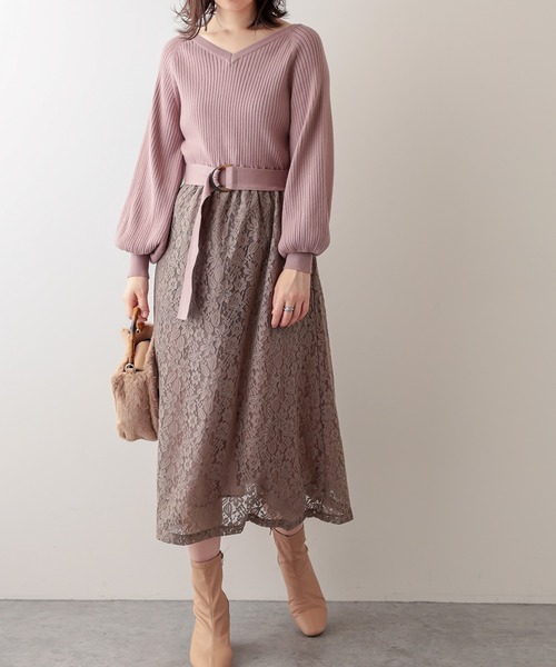 natural couture（ナチュラルクチュール）の「ニット×レース2WAYドッキングワンピース（ワンピース・レディース・ブラック/パープル/ラベンダー/オレンジ/ピンクベージュ・FREE）」の4枚目の写真