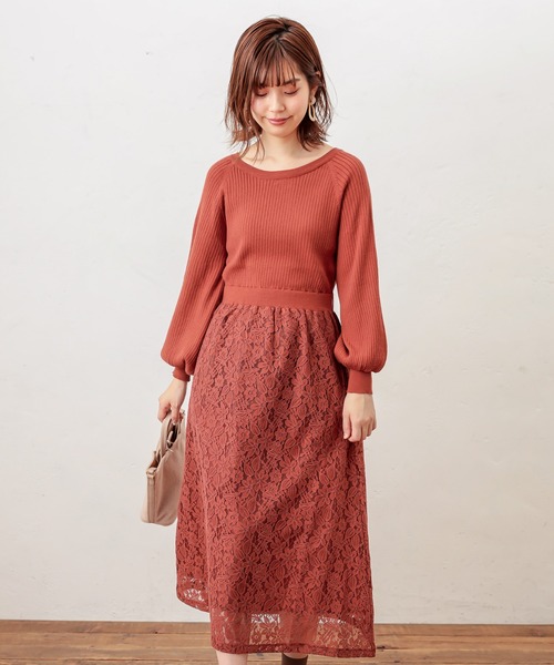 natural couture（ナチュラルクチュール）の「ニット×レース2WAYドッキングワンピース（ワンピース・レディース・ブラック/パープル/ラベンダー/オレンジ/ピンクベージュ・FREE）」の7枚目の写真