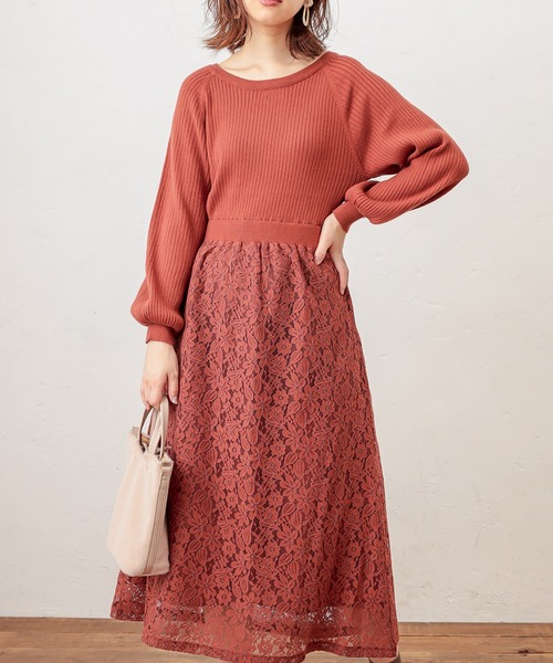 natural couture（ナチュラルクチュール）の「ニット×レース2WAYドッキングワンピース（ワンピース・レディース・ブラック/パープル/ラベンダー/オレンジ/ピンクベージュ・FREE）」の19枚目の写真