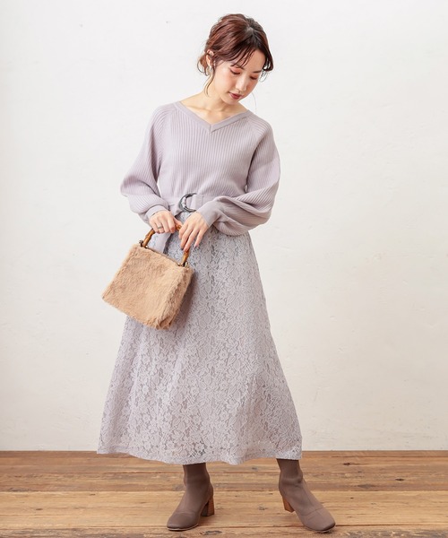 natural couture（ナチュラルクチュール）の「ニット×レース2WAYドッキングワンピース（ワンピース・レディース・ブラック/パープル/ラベンダー/オレンジ/ピンクベージュ・FREE）」の15枚目の写真