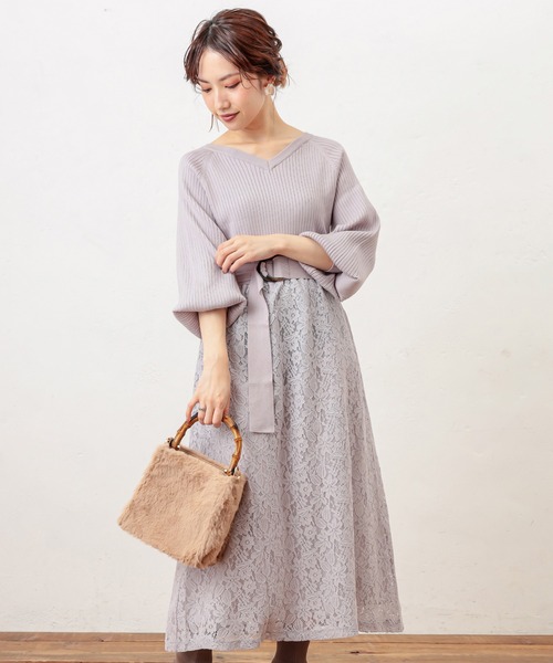 natural couture（ナチュラルクチュール）の「ニット×レース2WAYドッキングワンピース（ワンピース・レディース・ブラック/パープル/ラベンダー/オレンジ/ピンクベージュ・FREE）」の9枚目の写真