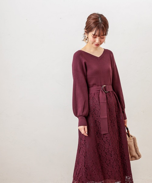 natural couture（ナチュラルクチュール）の「ニット×レース2WAYドッキングワンピース（ワンピース・レディース・ブラック/パープル/ラベンダー/オレンジ/ピンクベージュ・FREE）」の6枚目の写真