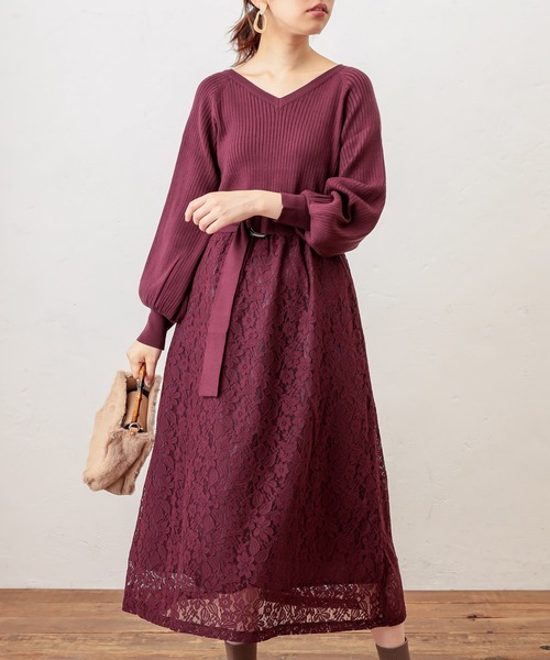 natural couture（ナチュラルクチュール）の「ニット×レース2WAYドッキングワンピース（ワンピース・レディース・ブラック/パープル/ラベンダー/オレンジ/ピンクベージュ・FREE）」の12枚目の写真