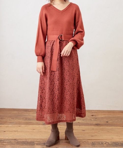 natural couture（ナチュラルクチュール）の「ニット×レース2WAYドッキングワンピース（ワンピース・レディース・ブラック/パープル/ラベンダー/オレンジ/ピンクベージュ・FREE）」の13枚目の写真