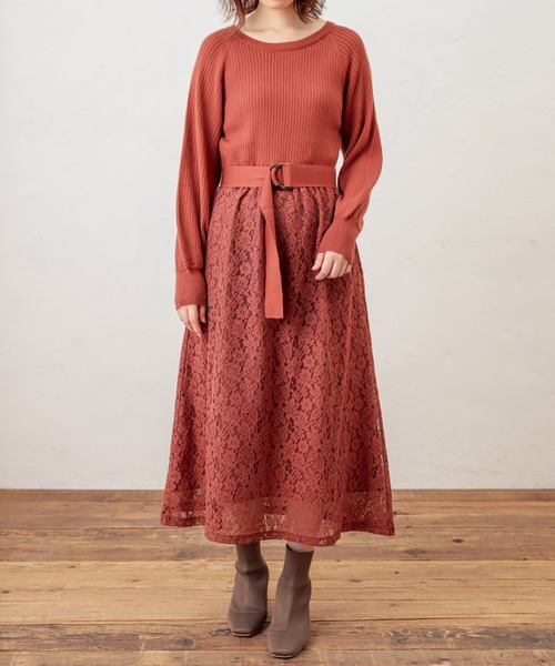 natural couture（ナチュラルクチュール）の「ニット×レース2WAYドッキングワンピース（ワンピース・レディース・ブラック/パープル/ラベンダー/オレンジ/ピンクベージュ・FREE）」の8枚目の写真