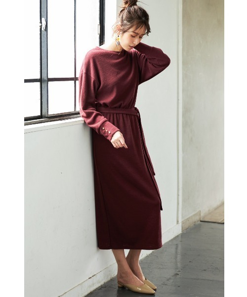 IEDIT（イディット）の「ＩＥＤＩＴ　ウールライクなバックＶネックカットソーワンピース（ワンピース・レディース・グレー/ワインレッド・SMALL/MEDIUM/LARGE/X-LARGE/XX-LARGE/XXX-LARGE）」の3枚目の写真