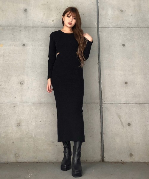 ENVYM(アンビー)の「レイヤードカッテイングKNIT OP(ワンピース・レディース・カーキ/ブラック・FREE)」の21枚目の写真