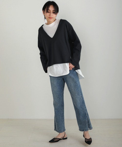 Bou Jeloud(ブージュルード)の「インナー付◆深VネックTOPS(Tシャツ/カットソー・レディース・チャコールグレー/ベージュ・FREE)」の12枚目の写真