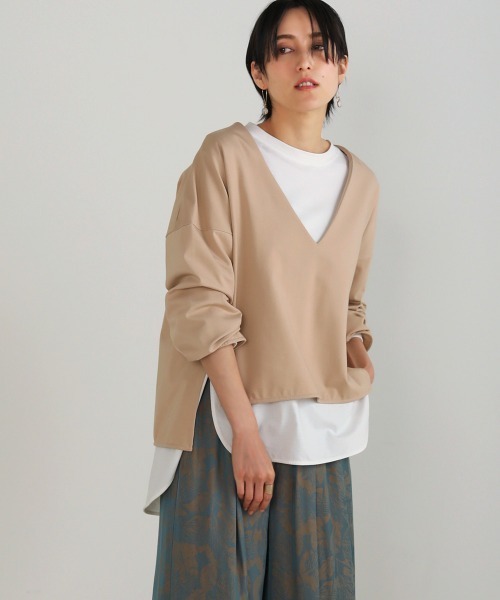 Bou Jeloud(ブージュルード)の「インナー付◆深VネックTOPS(Tシャツ/カットソー・レディース・チャコールグレー/ベージュ・FREE)」の7枚目の写真