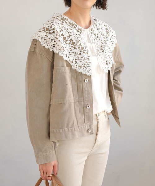 ANDJ(アンドジェイ)の「ビッグレース襟半袖Tシャツ(Tシャツ/カットソー・レディース・ホワイト/ブラック/チャコール・M)」の1枚目の写真