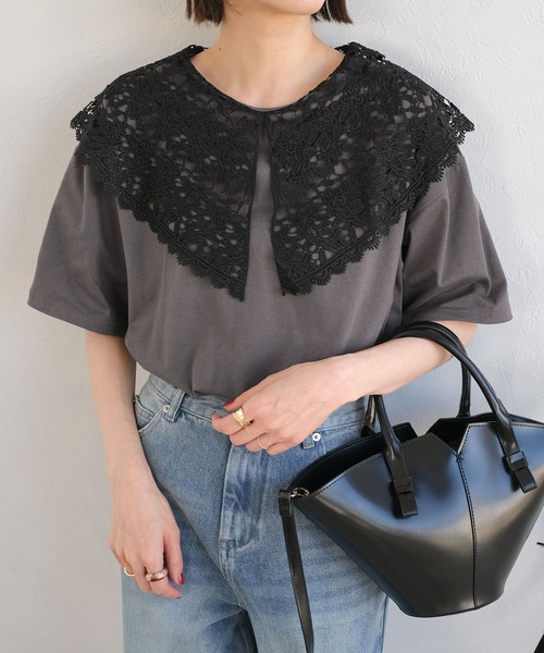 ANDJ(アンドジェイ)の「ビッグレース襟半袖Tシャツ(Tシャツ/カットソー・レディース・ホワイト/ブラック/チャコール・M)」の3枚目の写真