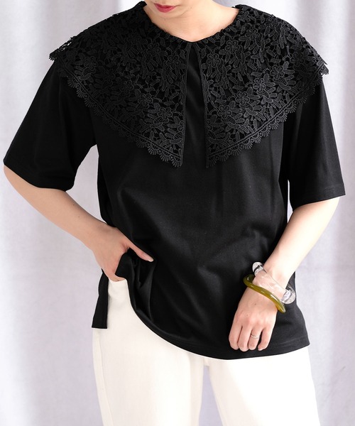 ANDJ(アンドジェイ)の「ビッグレース襟半袖Tシャツ(Tシャツ/カットソー・レディース・ホワイト/ブラック/チャコール・M)」の2枚目の写真