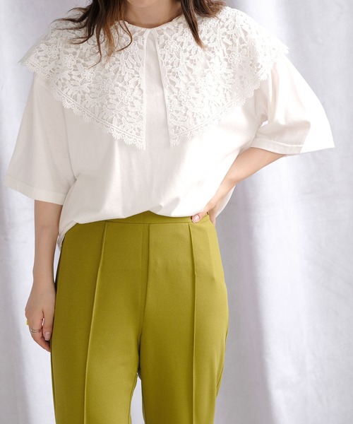 ANDJ(アンドジェイ)の「ビッグレース襟半袖Tシャツ(Tシャツ/カットソー・レディース・ホワイト/ブラック/チャコール・M)」の12枚目の写真