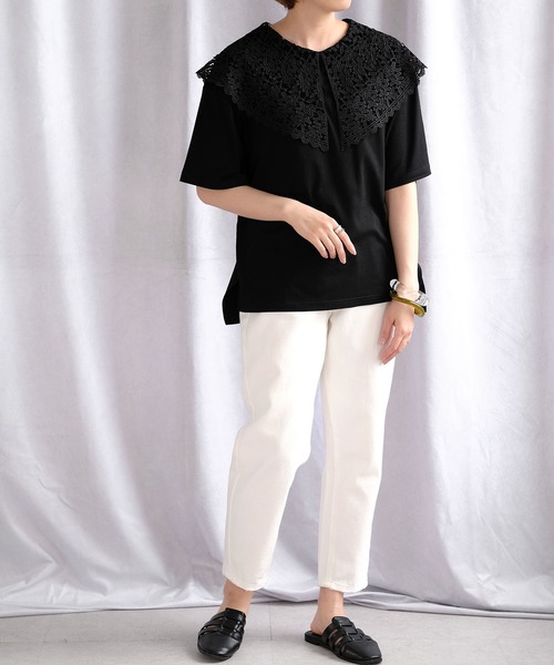 ANDJ(アンドジェイ)の「ビッグレース襟半袖Tシャツ(Tシャツ/カットソー・レディース・ホワイト/ブラック/チャコール・M)」の15枚目の写真