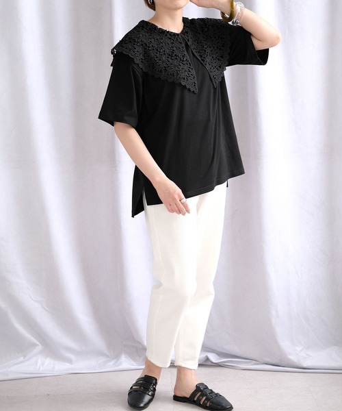 ANDJ(アンドジェイ)の「ビッグレース襟半袖Tシャツ(Tシャツ/カットソー・レディース・ホワイト/ブラック/チャコール・M)」の18枚目の写真