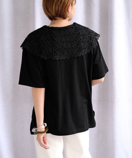 ANDJ(アンドジェイ)の「ビッグレース襟半袖Tシャツ(Tシャツ/カットソー・レディース・ホワイト/ブラック/チャコール・M)」の6枚目の写真