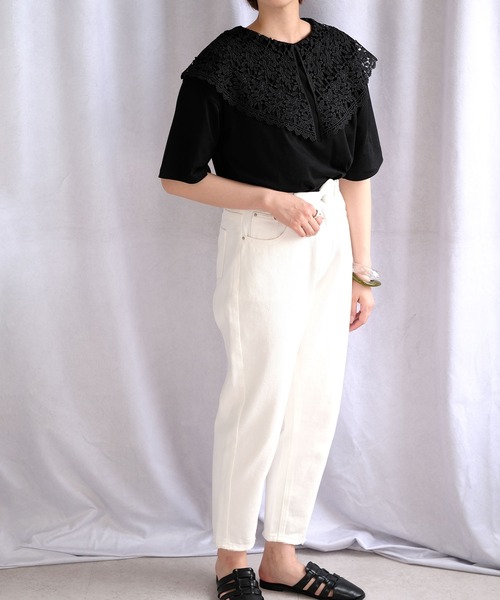 ANDJ(アンドジェイ)の「ビッグレース襟半袖Tシャツ(Tシャツ/カットソー・レディース・ホワイト/ブラック/チャコール・M)」の4枚目の写真