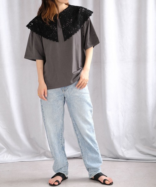 ANDJ(アンドジェイ)の「ビッグレース襟半袖Tシャツ(Tシャツ/カットソー・レディース・ホワイト/ブラック/チャコール・M)」の22枚目の写真